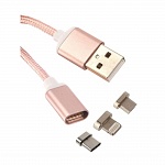 Магнитный USB-кабель с насадками 8 pin, Type-C, microUSB розовый