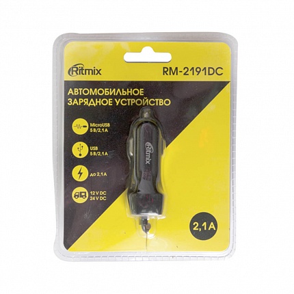 АЗУ с витым кабелем microUSB RITMIX RM-2191DC black + 1хUSB 2,1А 