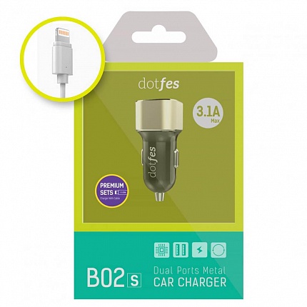 АЗУ DOTFES B02s 2xUSB, 3.1A + кабель Lightning gold
