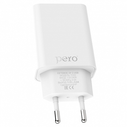 СЗУ PERO TC02 2USB 3.4A белый
